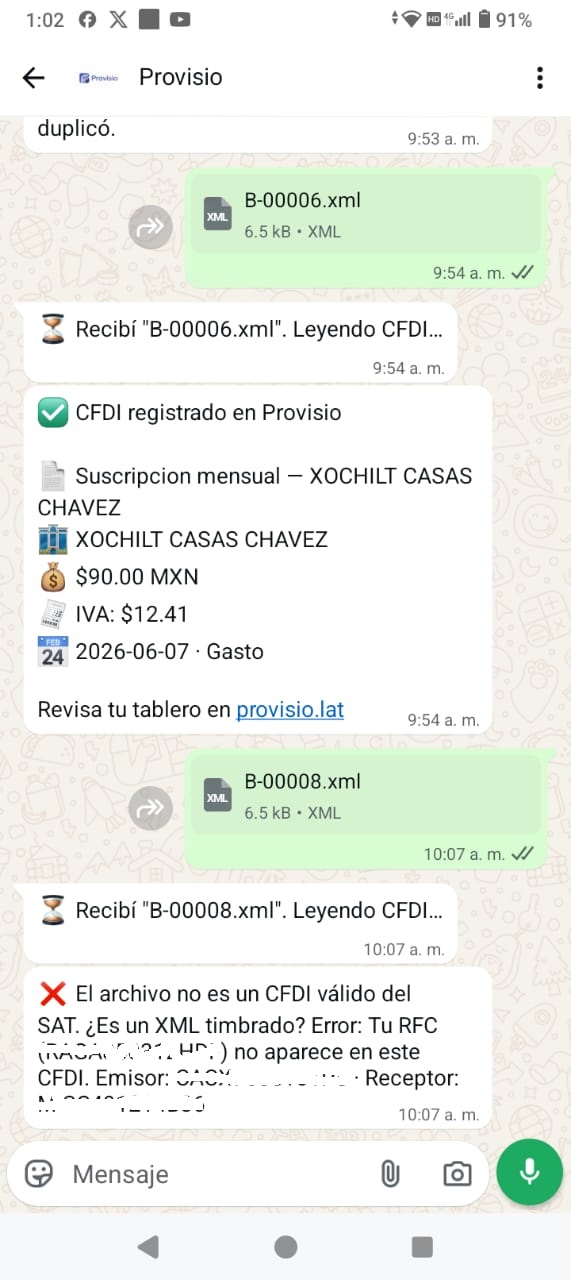 Conversación real con el bot de Provisio por WhatsApp